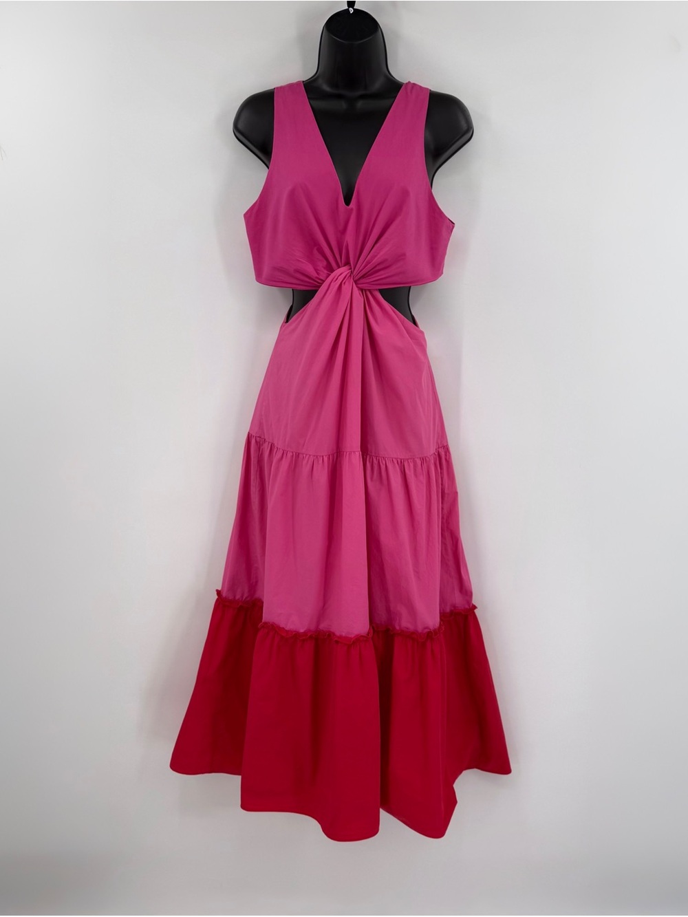 Endless Rose Twist Front Colorblock Cutout Midi Dress | Pink and Red | Small